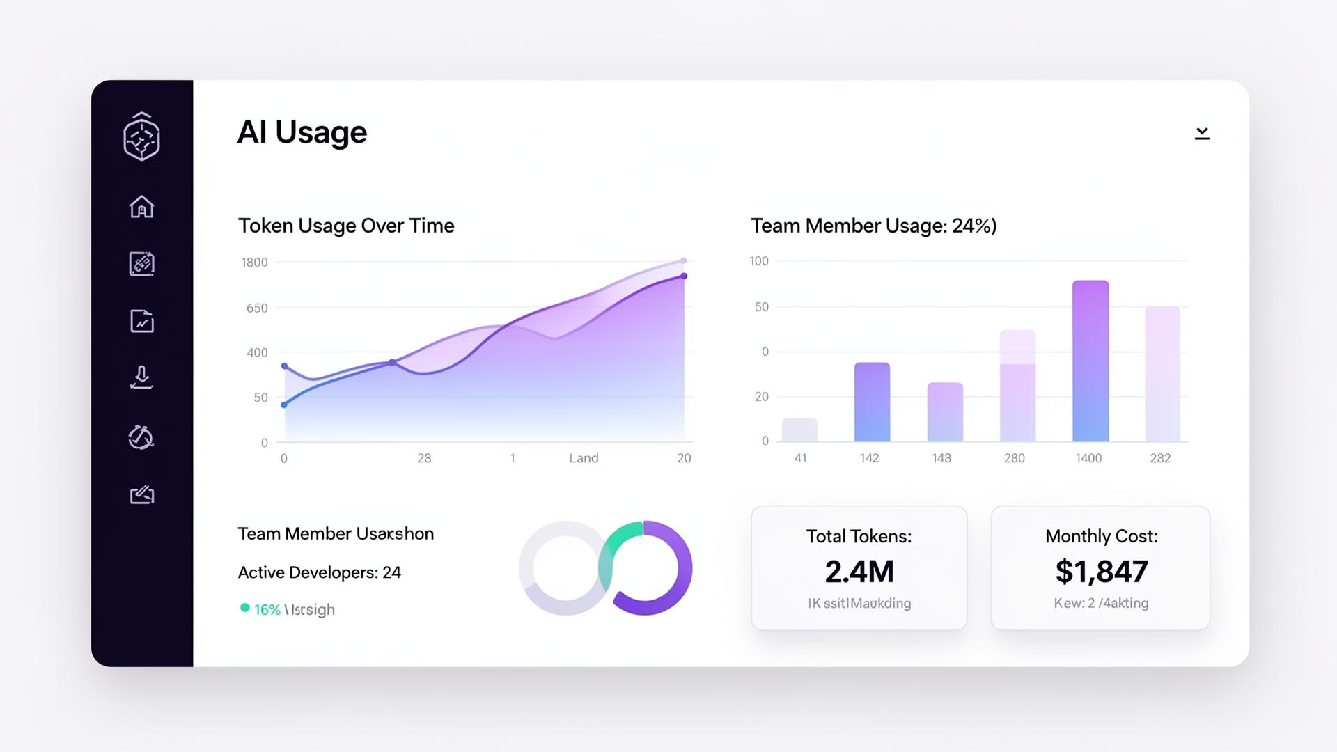 Showel AI Usage Analytics Dashboard showing token usage charts, team member analytics, and cost metrics